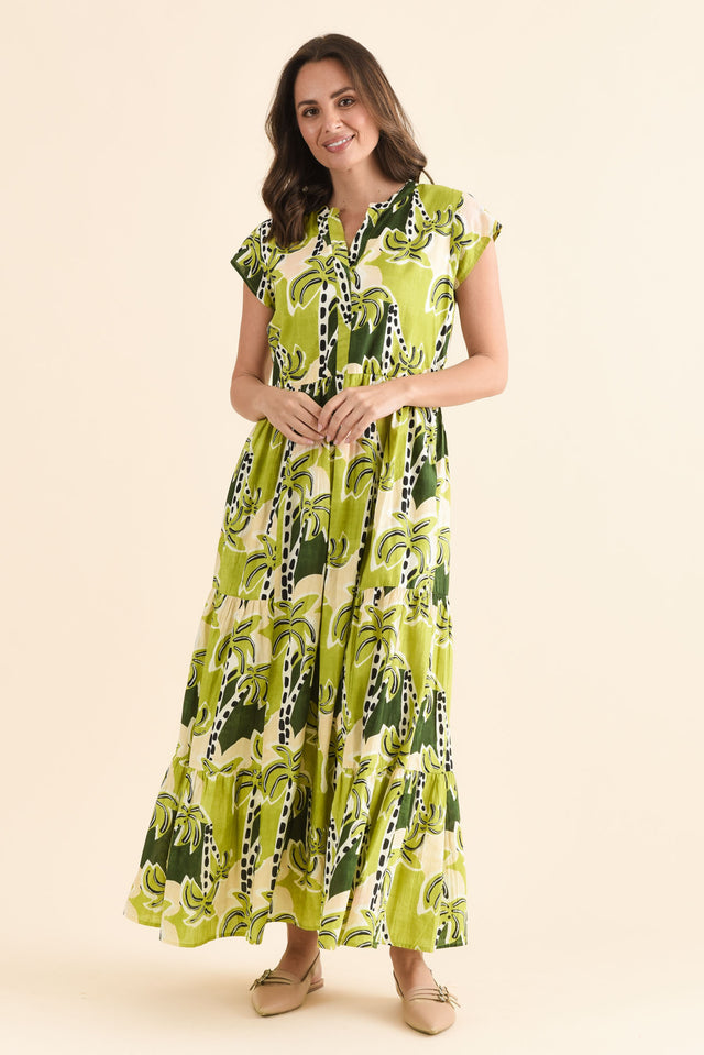 Avery Green Tropical Cotton Dress,Full Body,Brunette model,alt text|model:MJ image 2