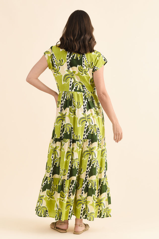 Avery Green Tropical Cotton Dress,Back,Brunette model,alt text|model:MJ image 4