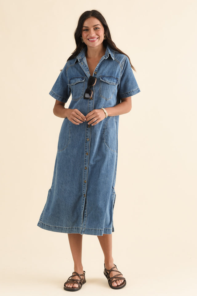 Ayla Blue Denim Shirt Dress,Front,Brunette model,alt text|model:Brontie image 1