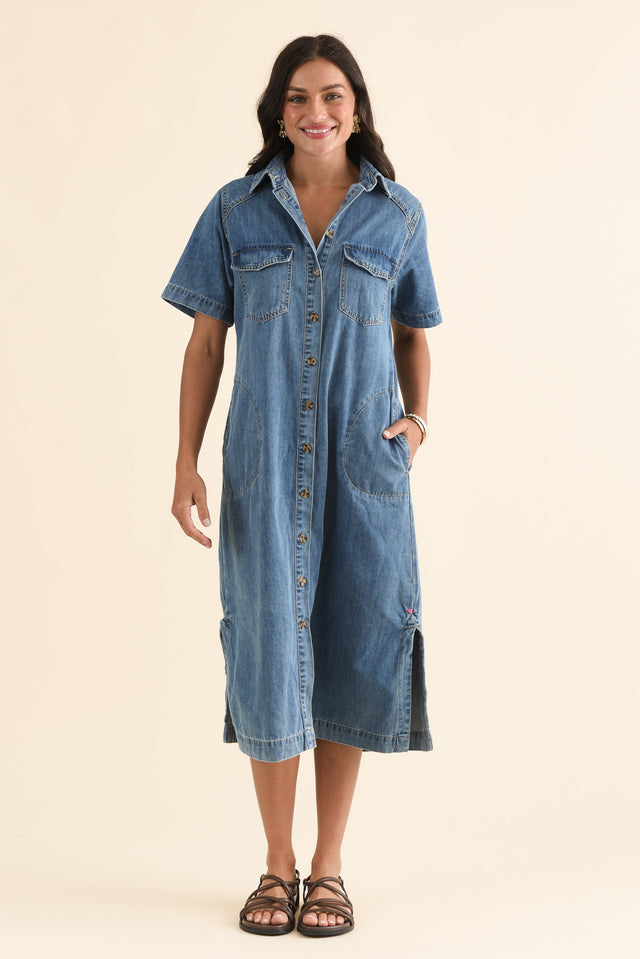 Ayla Blue Denim Shirt Dress,Full Body,Brunette model,alt text|model:Brontie image 2