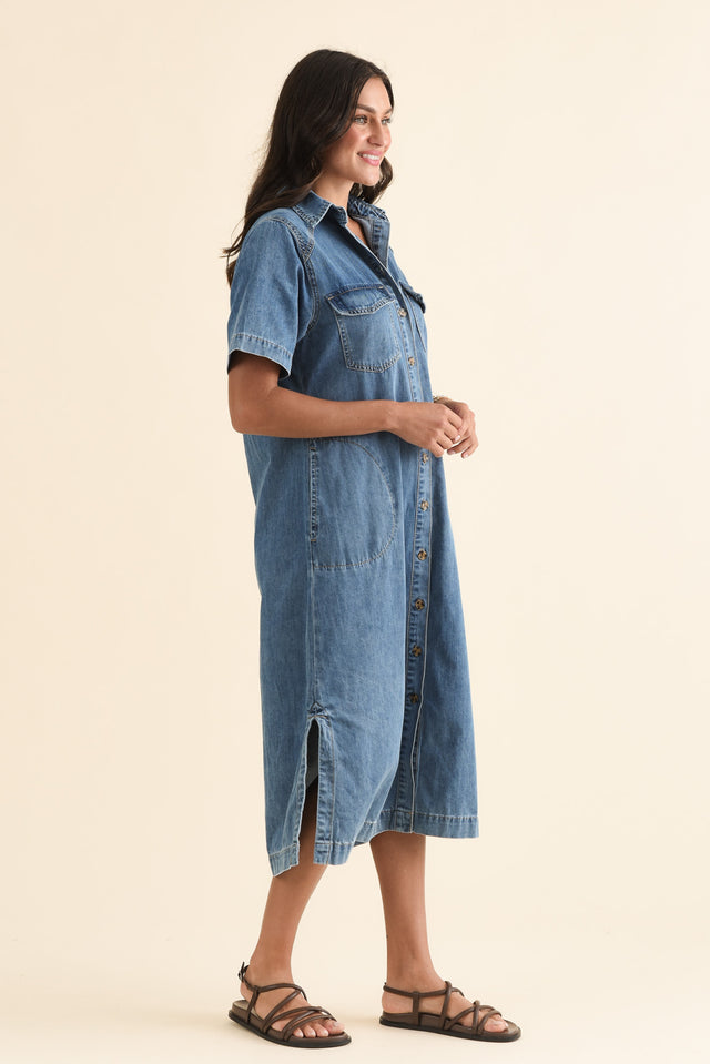 Ayla Blue Denim Shirt Dress,Side,Brunette model,alt text|model:Brontie image 3