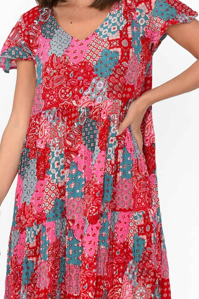 Azalea Red Patchwork Crinkle Dress