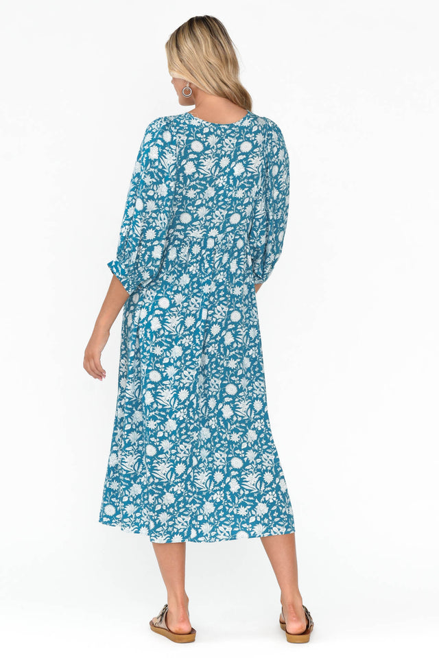 Azra Blue Floral V Neck Dress