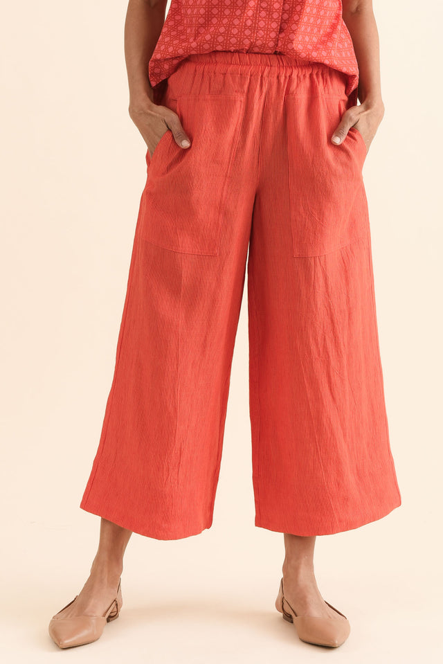 Balfour Orange Stripe Linen Pants,Front,Brunette model,alt text|model:Cara image 1