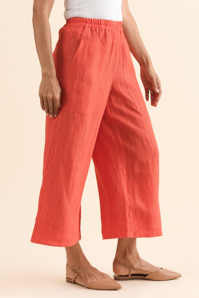Balfour Orange Stripe Linen Pants,Side,Brunette model,alt text|model:Cara image 3