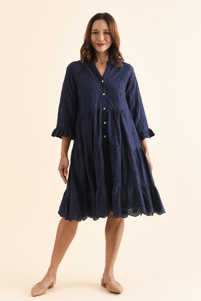 Banks Navy Cotton Embroidered Dress,Full Body,Brunette model,alt text|model:Cara image 6