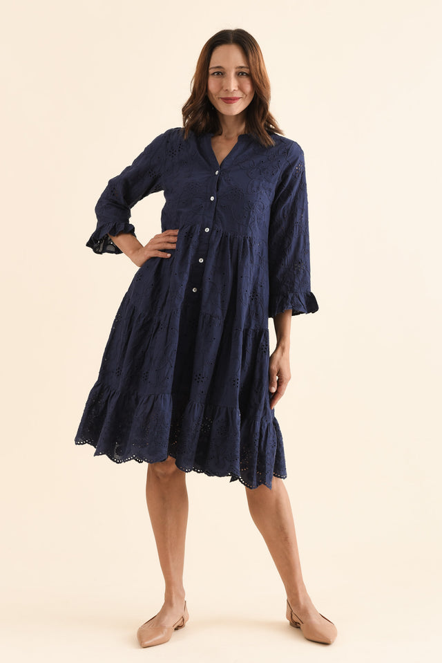 Banks Navy Cotton Embroidered Dress,Full Body,Brunette model,alt text|model:Cara image 2