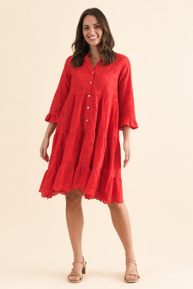 Banks Red Cotton Embroidered Dress,Full Body,Brunette model,alt text|model:MJ image 6