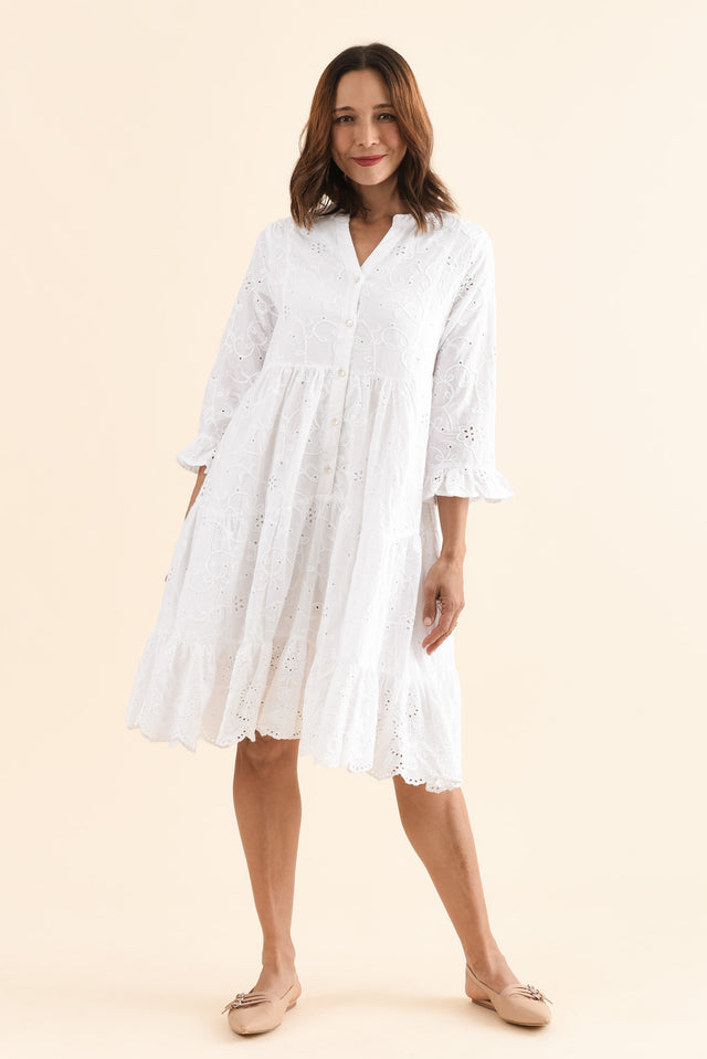 Banks White Cotton Embroidered Dress,Full Body,Brunette model,alt text|model:Cara image 2