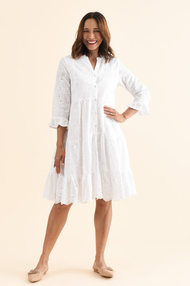 Banks White Cotton Embroidered Dress,Front,Brunette model,alt text|model:Cara image 1