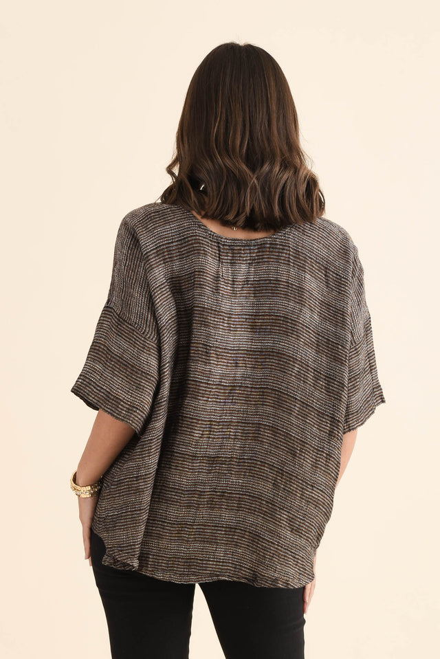 Barbara Charcoal Stripe Linen Top,Back,Brunette model,alt text|model:MJ image 4