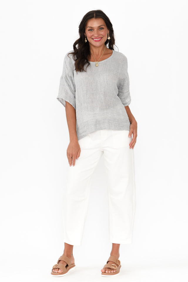 Barbara Light Blue Stripe Linen Top,Brunette model,alt text|model:Brontie image 8