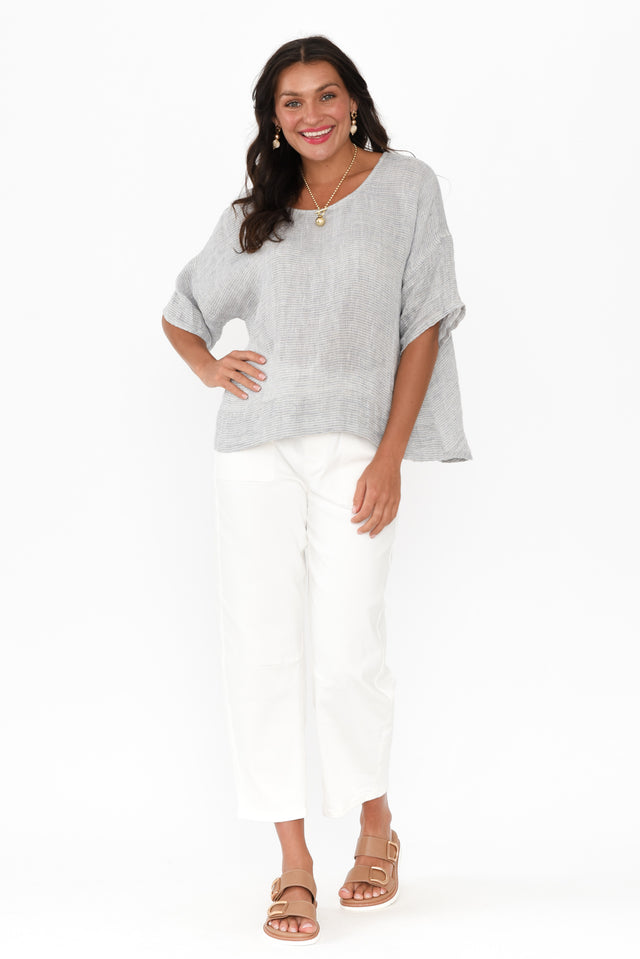 Barbara Light Blue Stripe Linen Top,Brunette model,alt text|model:Brontie image 4