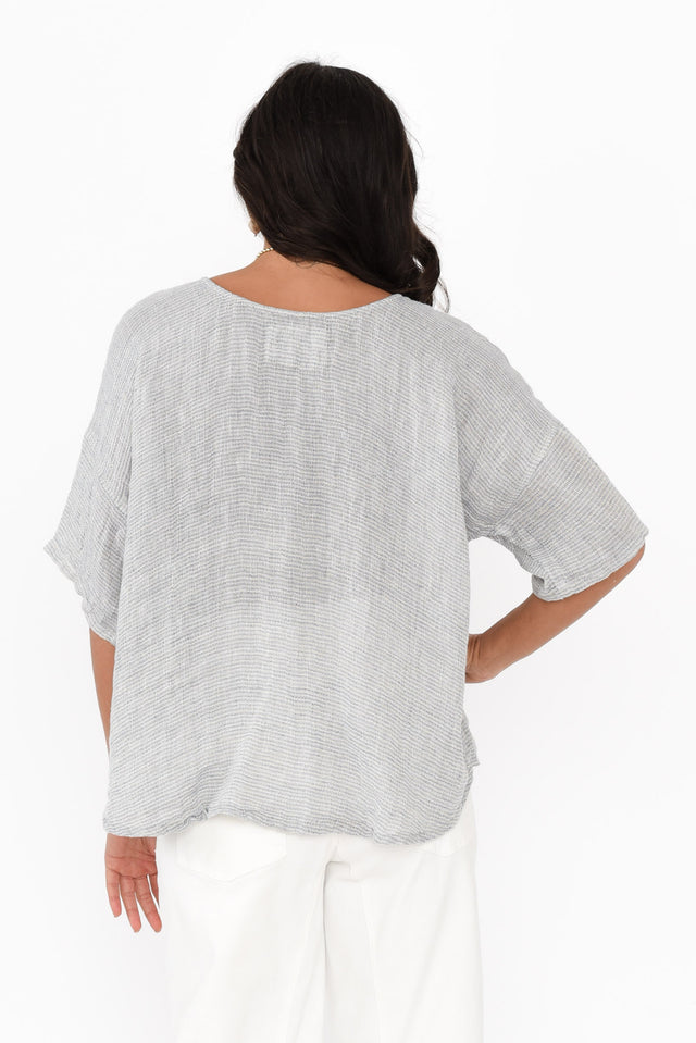 Barbara Light Blue Stripe Linen Top,Brunette model,alt text|model:Brontie image 7