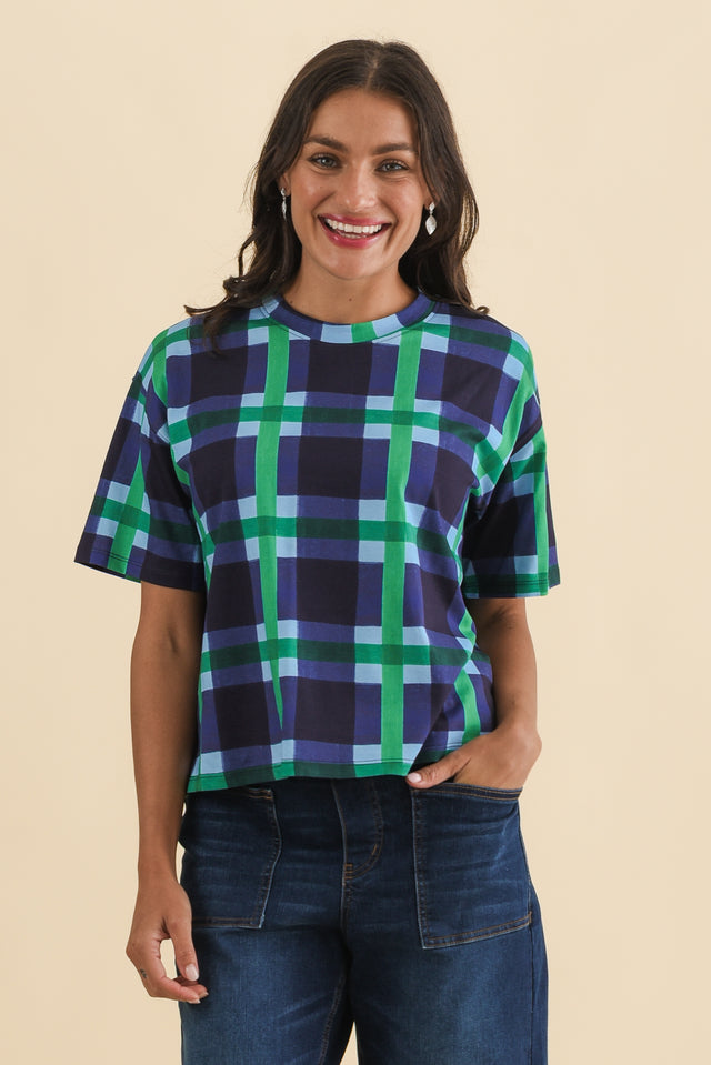 Bari Navy Check Cotton Tee,Brunette model,alt text|model:Brontie