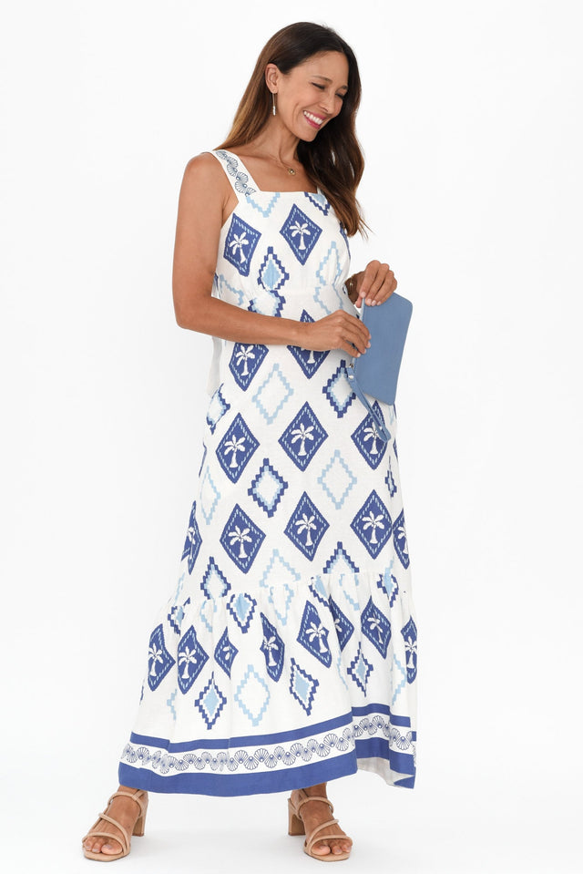 Bateau Blue Palm Linen Dress,Brunette model,alt text|model:Cara