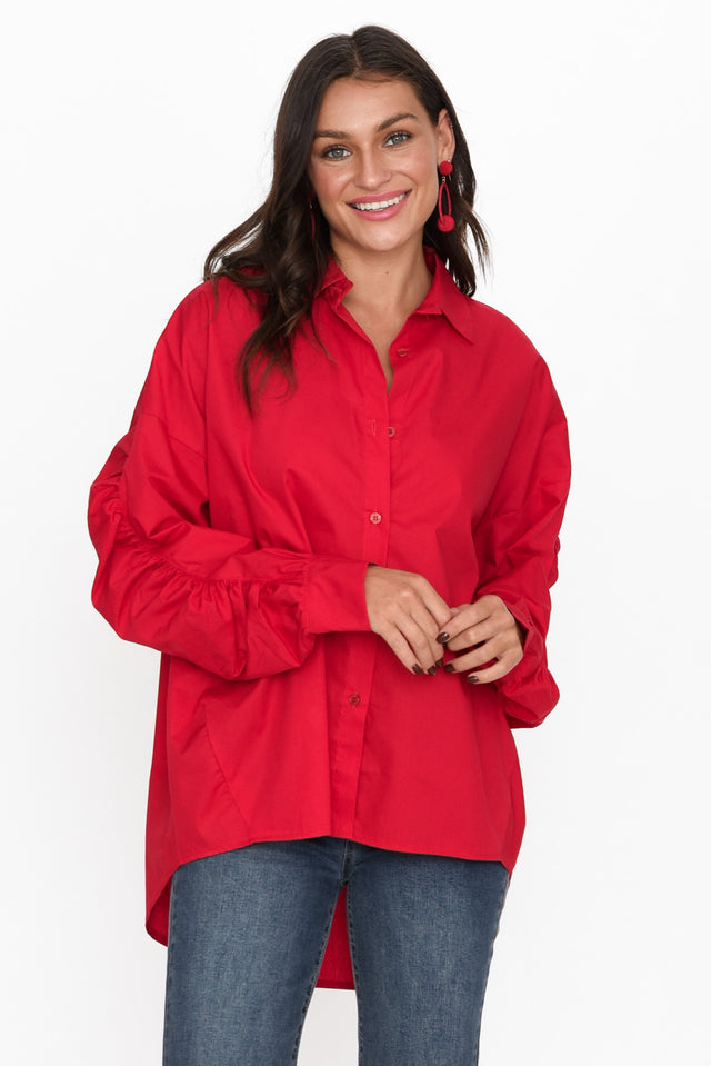 Bayliss Red Cotton Ruched Shirt neckline_V Neck  alt text|model:Brontie;wearing:S/M