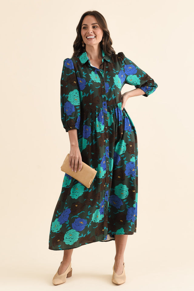 Beacon Green Flower Tie Dress,brunette model,Front of Outfit,alt text|model:MJ image 1