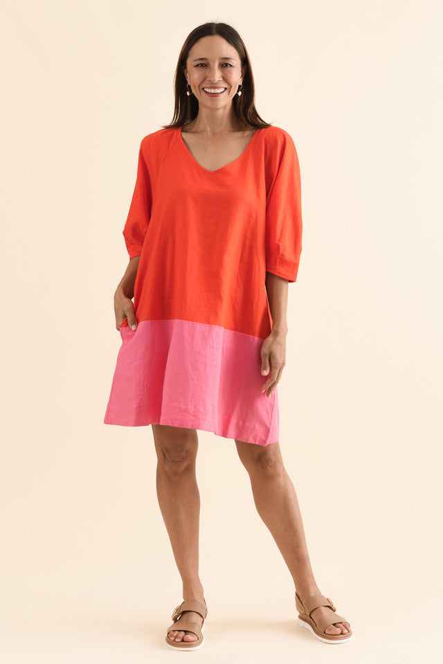 Bella Orange Split Linen Blend Dress,Full Body,Brunette model,alt text|model:Cara image 6