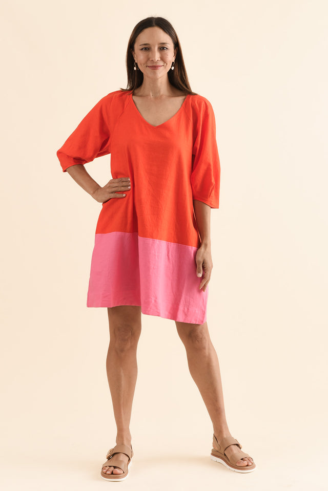Bella Orange Split Linen Blend Dress,Full Body,Brunette model,alt text|model:Cara image 2