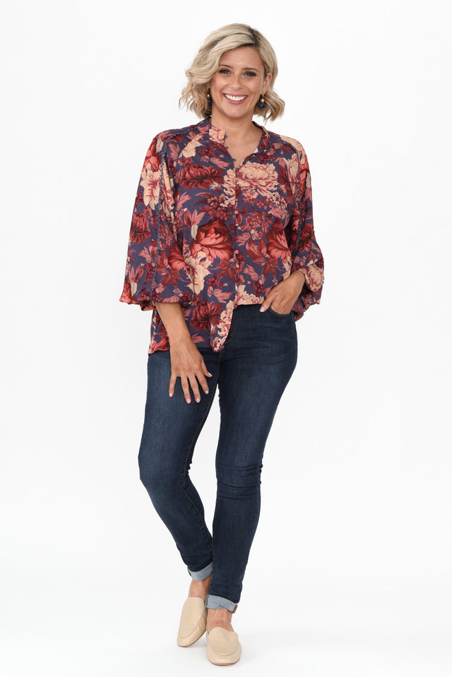 Berry Kiss Red Floral Linen Blend Blouse image 6