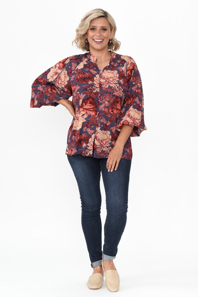 Berry Kiss Red Floral Linen Blend Blouse image 2