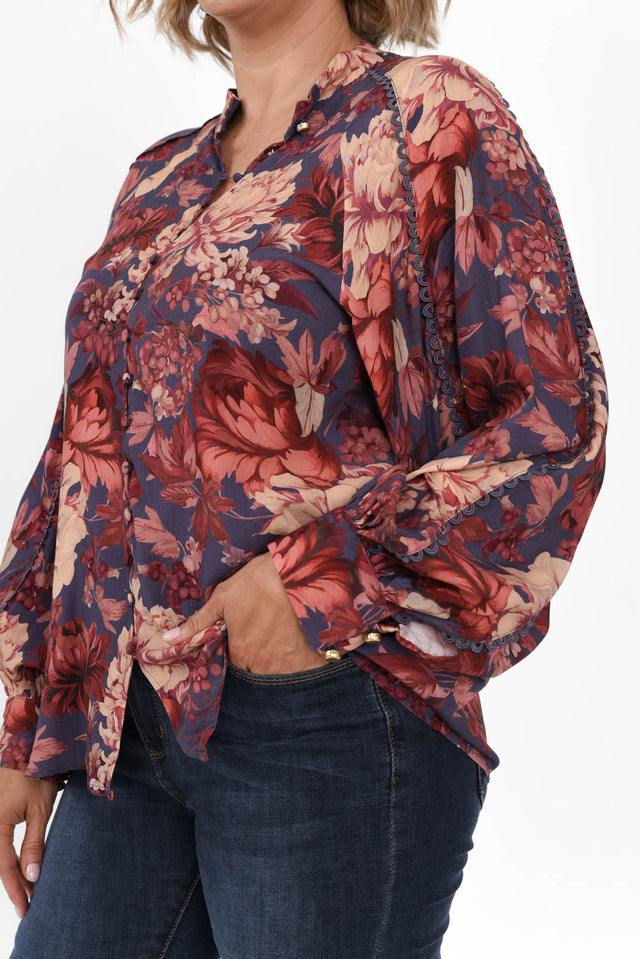 Berry Kiss Red Floral Linen Blend Blouse