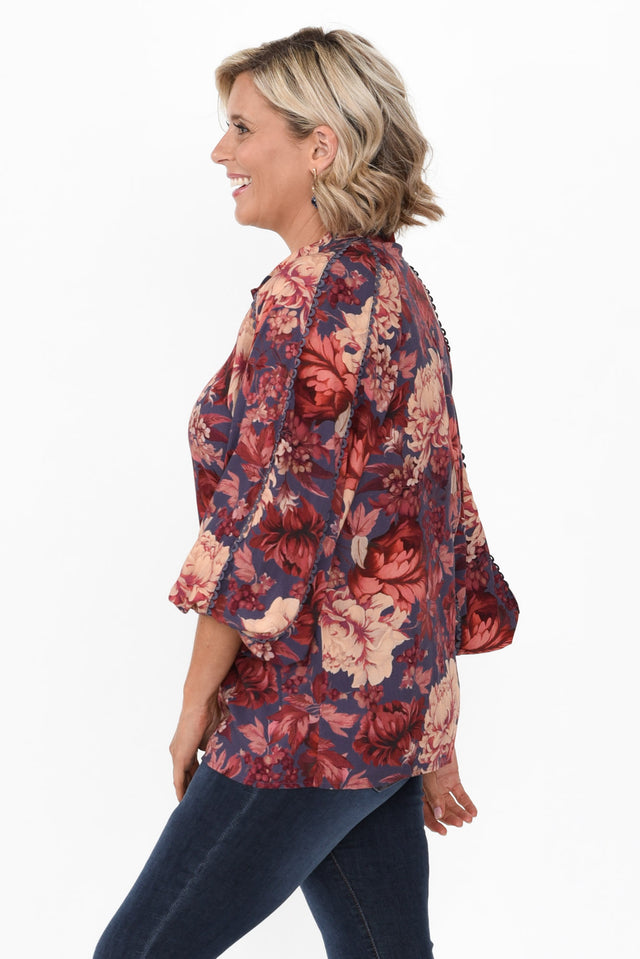 Berry Kiss Red Floral Linen Blend Blouse image 3