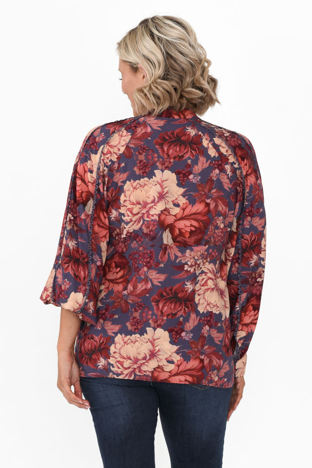 Berry Kiss Red Floral Linen Blend Blouse image 4