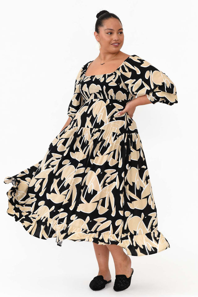 Beverly Black Abstract Shirred Tier Dress image 10