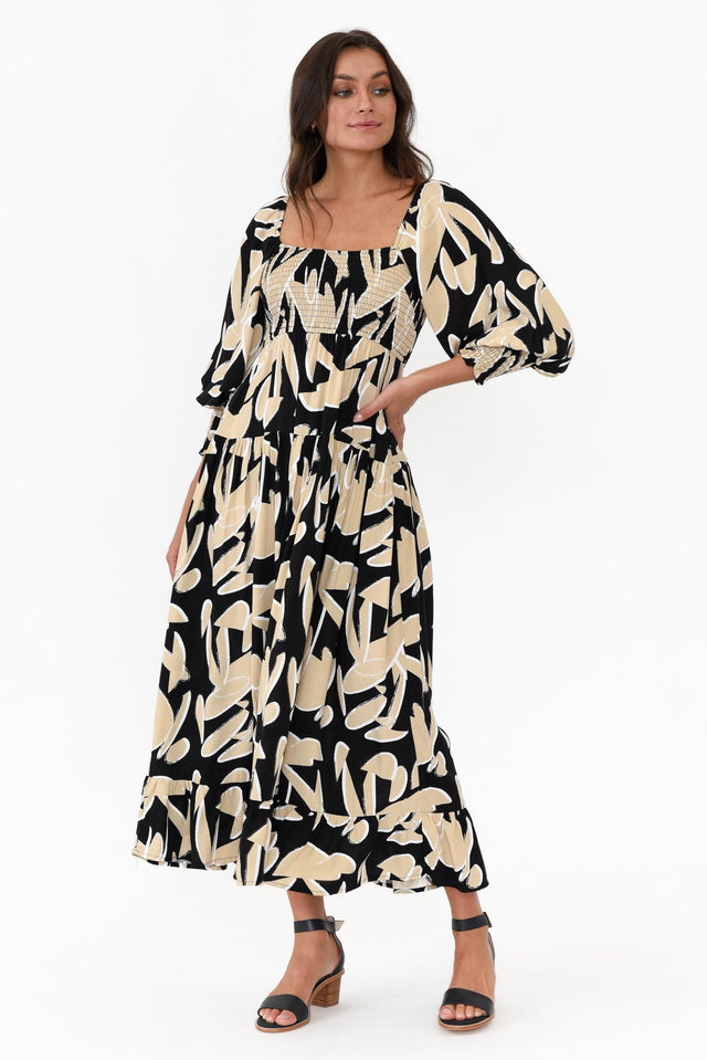 Beverly Black Abstract Shirred Tier Dress