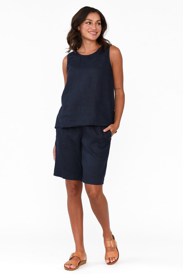 Bianca Navy Linen Button Back Tank