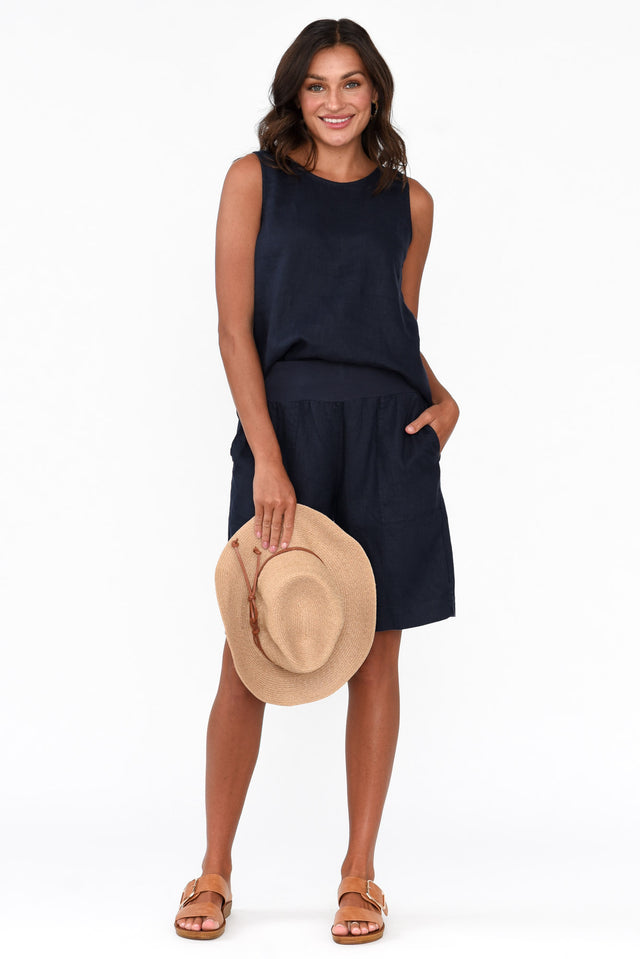 Bianca Navy Linen Button Back Tank