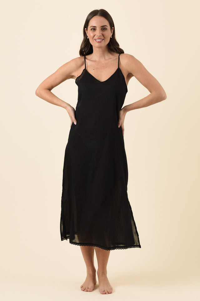 Black Cotton Maxi Slip Dress,Brunette model,alt text|model:MJ image 6
