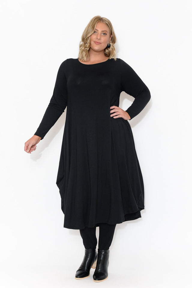 Black Long Sleeved Micro Modal Drape Dress,Blonde model,alt text|model:Caitlin image 9