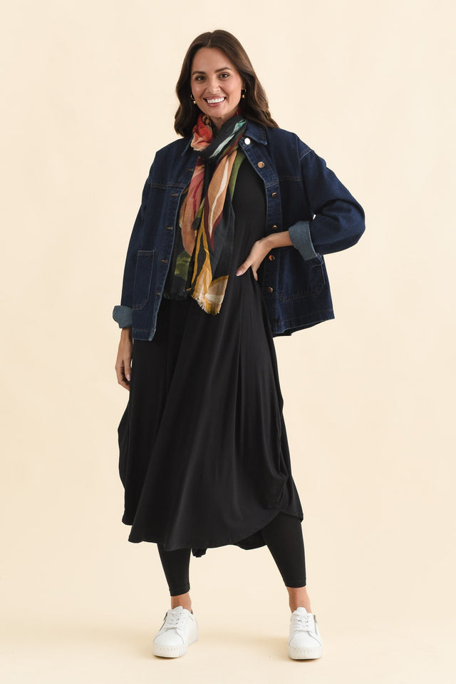 Black Long Sleeved Micro Modal Drape Dress,Brunette model,alt text|model:MJ