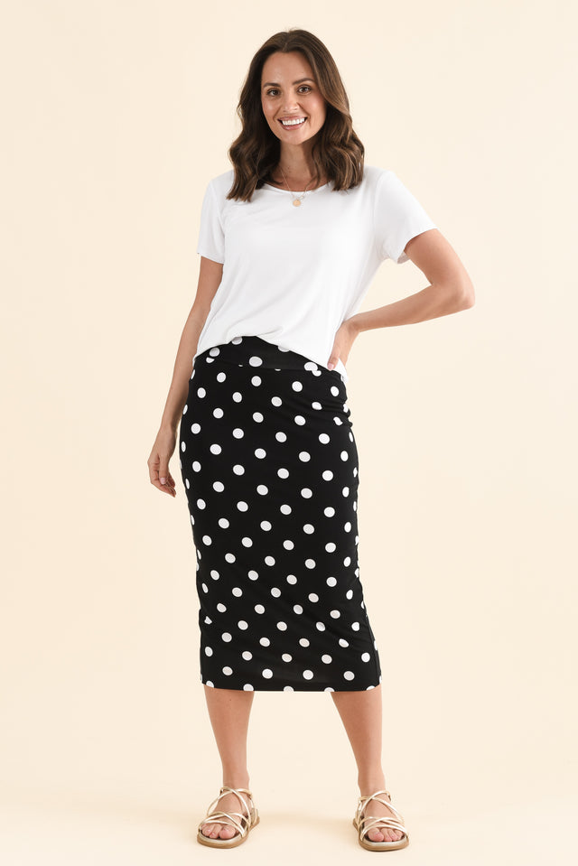Black Spot Bamboo Maxi Tube Skirt,Full Body,Brunette model,alt text|model:MJ