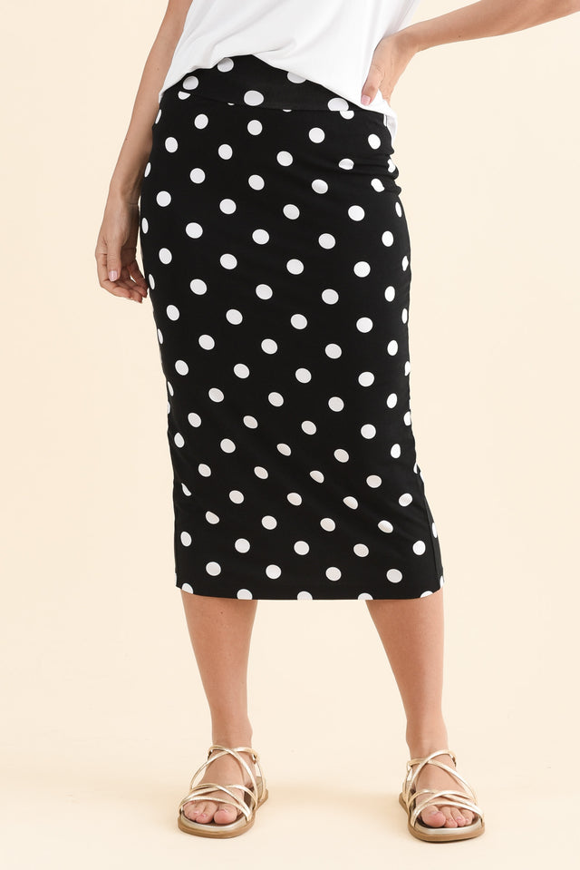 Black Spot Bamboo Maxi Tube Skirt,Front,Brunette model,alt text|model:MJ