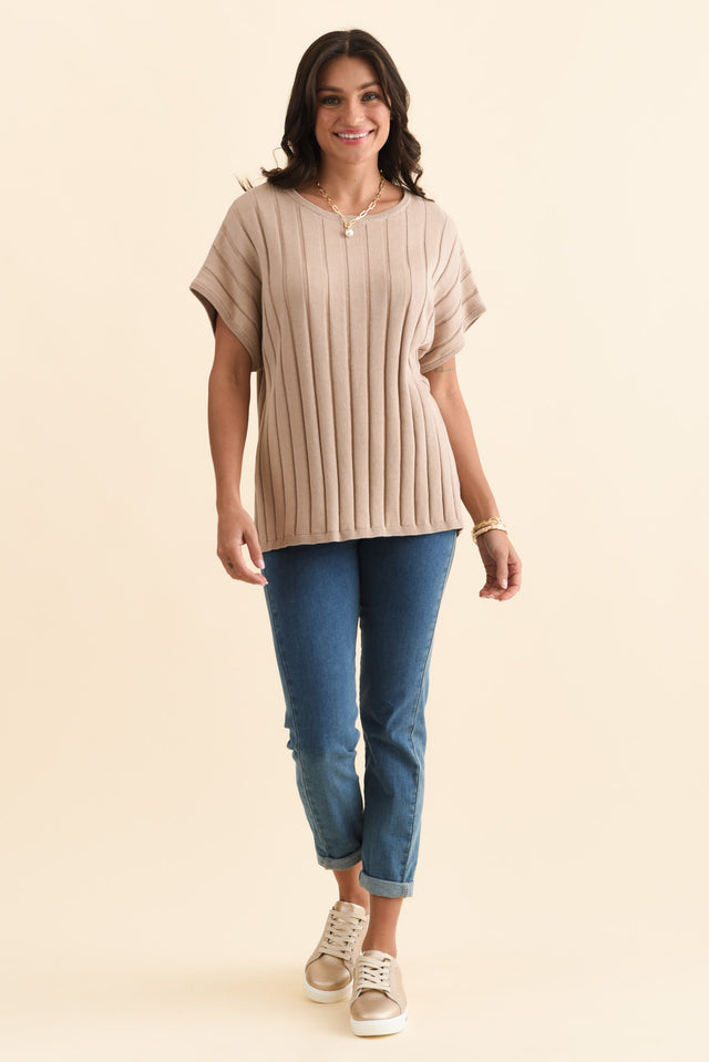 Blake Beige Cotton Linen Knit Top,Brunette model,alt text|model:Brontie image 3
