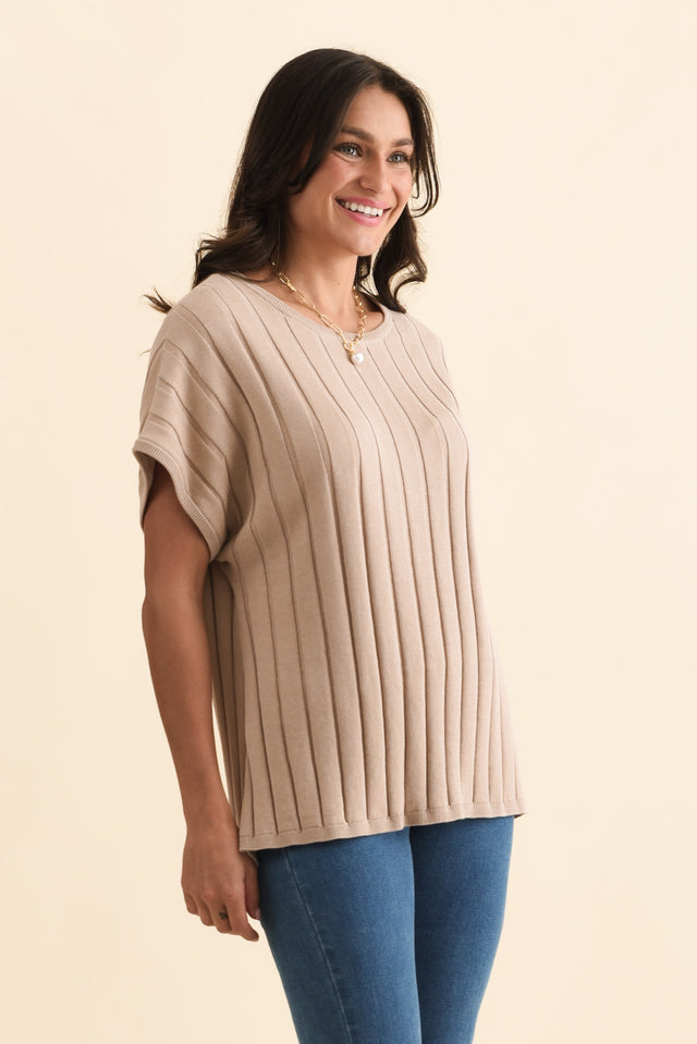 Blake Beige Cotton Linen Knit Top,Brunette model,alt text|model:Brontie image 4