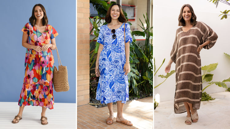 Brunette women in a variety of sleeved dresses.