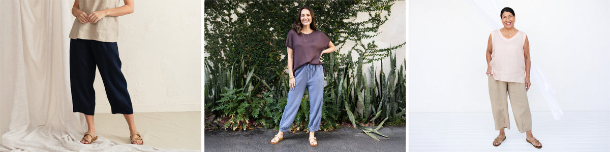 Brunette women in a variety of linen pant styles in dark and light colours.
