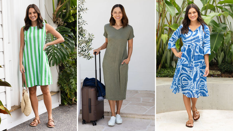 Brunette women in a range of travel dresses