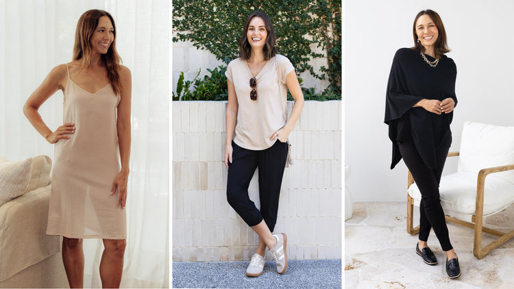 Brunette women wearing top bestselling capsule wardrobe styles by Blue Bungalow