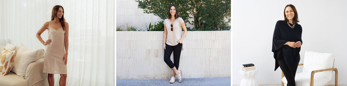 Brunette women wearing top bestselling capsule wardrobe styles by Blue Bungalow