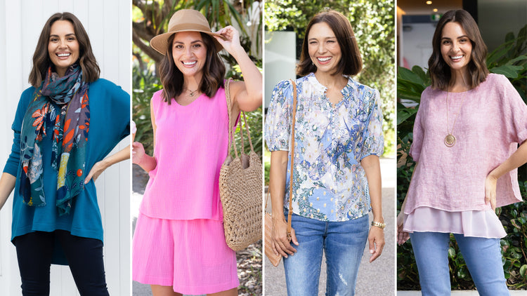 Women wearing everyday tops to different occasions, including the beach and the office.
