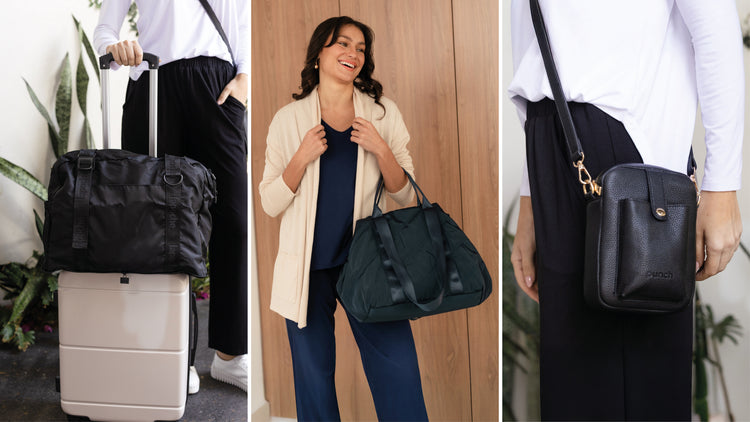 Three brunette women wearing travel outfits with travel bags.