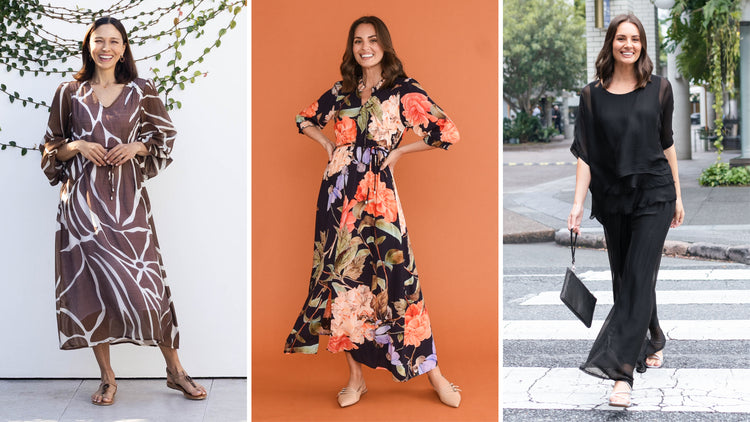 Brunette women in semi-formal event or occasion outfits smiling.