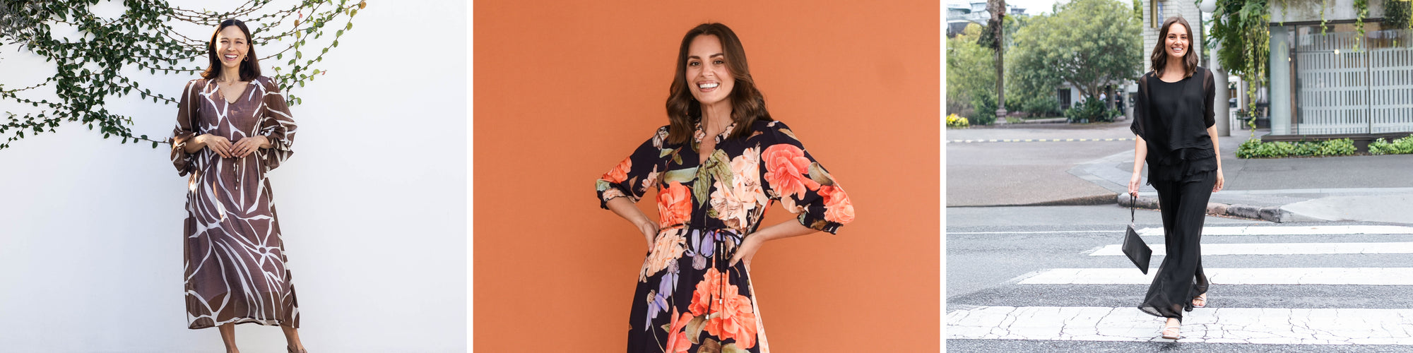 Brunette women in semi-formal event or occasion outfits smiling.