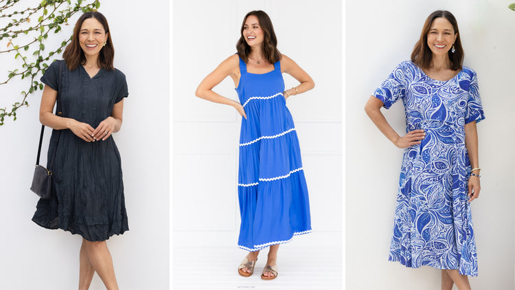 Brunette women stand wearing a variety of dresses suitable for petites.